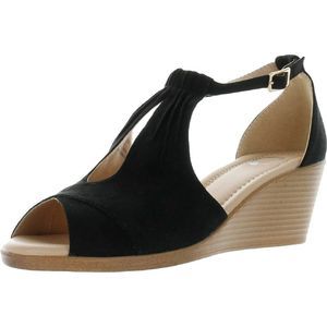 Journee Collection Womens Kedzie Black Faux Leather Wedge Heels Shoes GUC